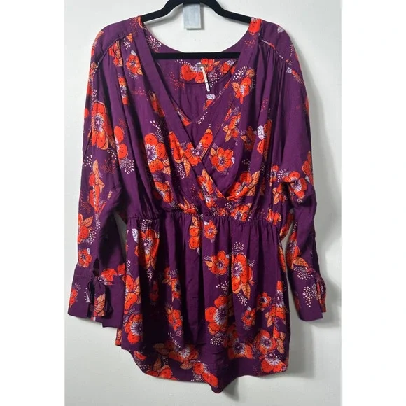 Free People SZ M Tuscan Dreams Tunic Floral Printed Blouse Plum Purple Boho C11 - Picture 2 of 8